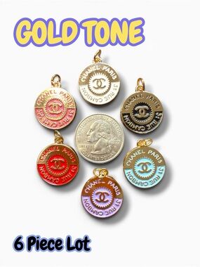 Lot Of 6 Gold Tone Round Zipper Pull Button Charms 20mm